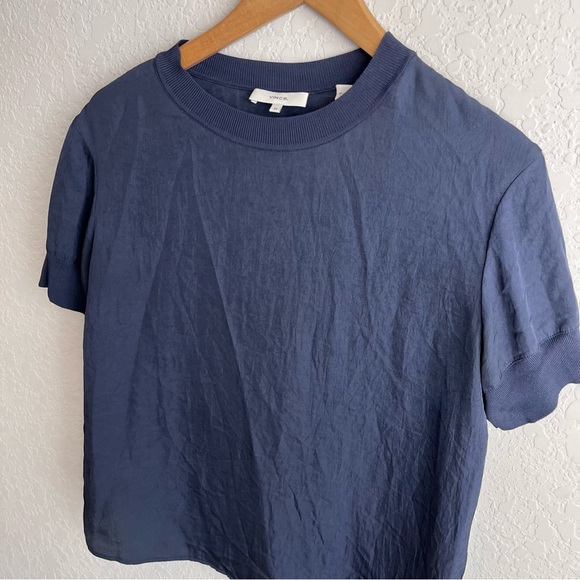 Vince Top Rib Trim Coastal Satin Crepe Crewneck Short Sleeve Relaxed - Picture 6 of 12